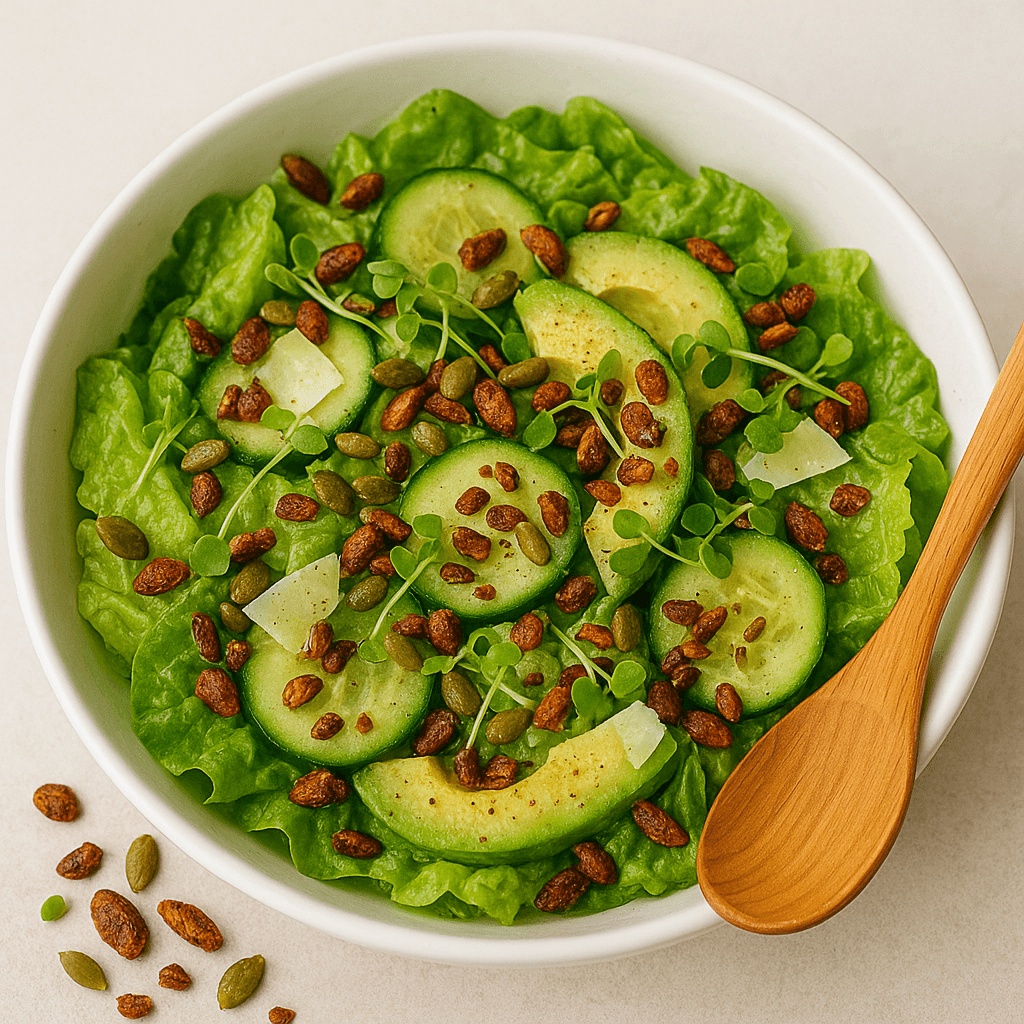 A vibrant green salad with butter lettuce, cucumber slices, avocado, Parmesan, microgreens, pepitas, and tamari almonds in a white bowl, served with a wooden spatula on a light background.