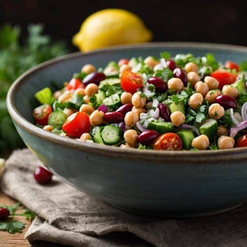 Overhead view of a vibrant Mediterranean bean salad in a rustic ceramic bowl, featuring chickpeas, kidney beans, cucumber, cherry tomatoes, red onion, celery, parsley, and lemon wedges, dressed with olive oil and lemon juice