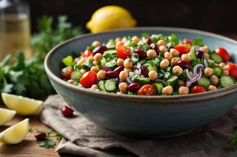 Overhead view of a vibrant Mediterranean bean salad in a rustic ceramic bowl, featuring chickpeas, kidney beans, cucumber, cherry tomatoes, red onion, celery, parsley, and lemon wedges, dressed with olive oil and lemon juice