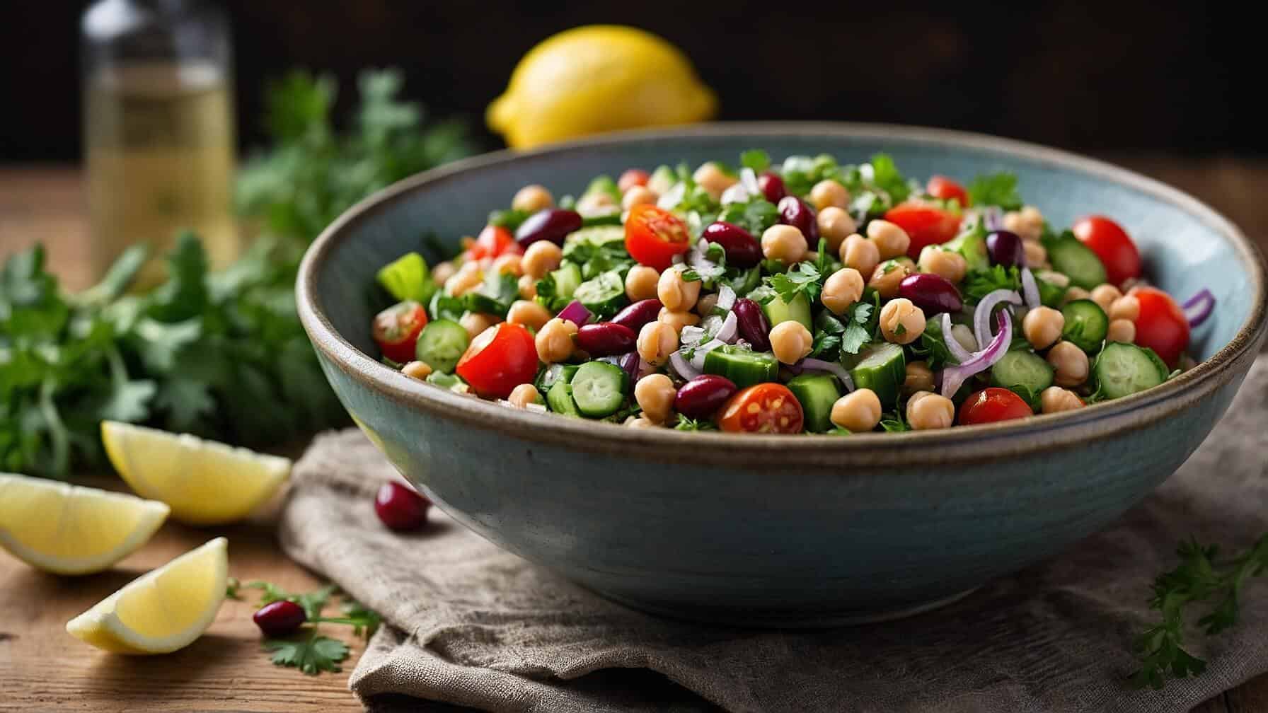 Overhead view of a vibrant Mediterranean bean salad in a rustic ceramic bowl, featuring chickpeas, kidney beans, cucumber, cherry tomatoes, red onion, celery, parsley, and lemon wedges, dressed with olive oil and lemon juice