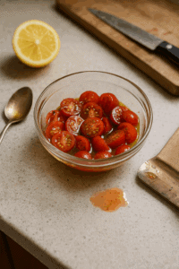 Cherry tomatoes marinated in olive oil and lemon juice in a small glass bowl on a kitchen counter, with spoon, cutting board, and a tomato juice spill adding realism.