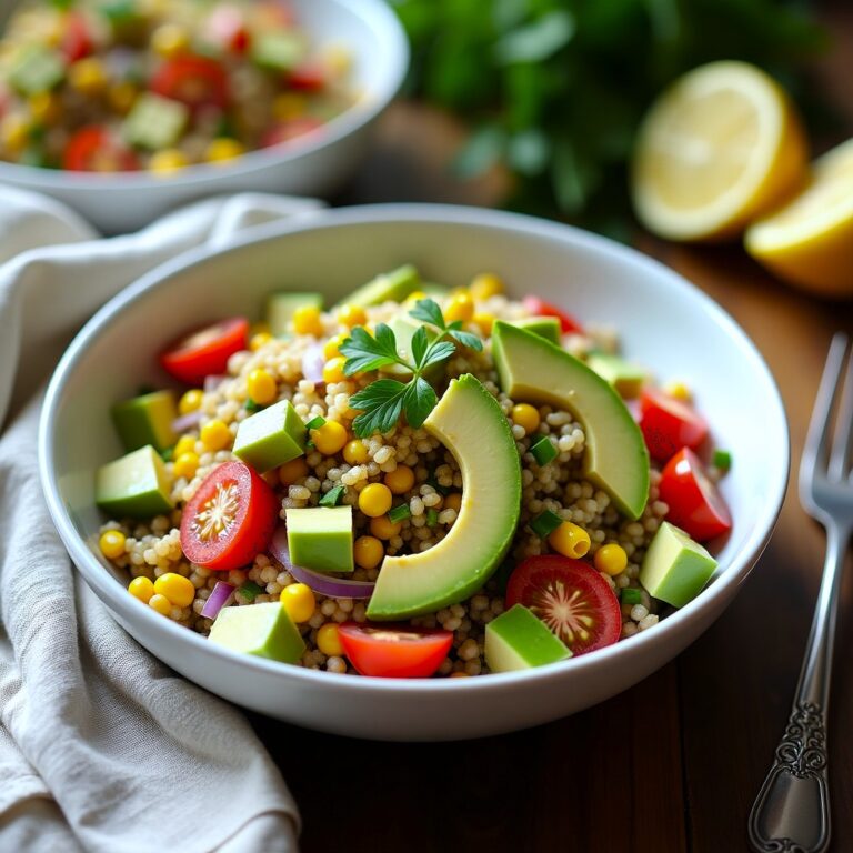 Top-down view of a colorful quinoa salad with avocado, corn, cherry tomatoes, and red onions in a white ceramic bowl, placed on a rustic wooden table with lemon slices and a linen napkin.