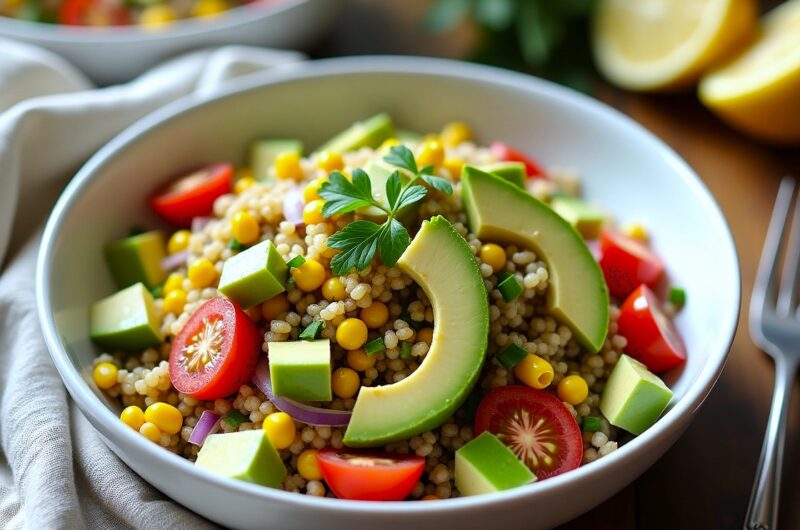 Top-down view of a colorful quinoa salad with avocado, corn, cherry tomatoes, and red onions in a white ceramic bowl, placed on a rustic wooden table with lemon slices and a linen napkin.