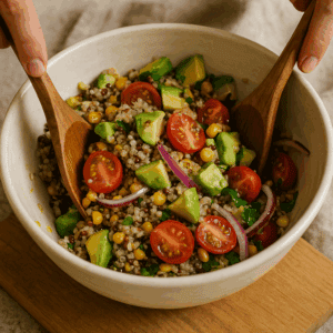 Close-up of hands tossing quinoa salad ingredients with wooden tongs in a ceramic bowl; visible are cherry tomatoes, corn, avocado, red onion, and natural imperfections.