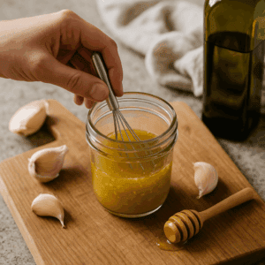 Hand whisking olive oil, lemon juice, garlic, and honey in a glass jar on a wooden board, surrounded by garlic cloves, honey dipper, and kitchen towel in soft natural light.