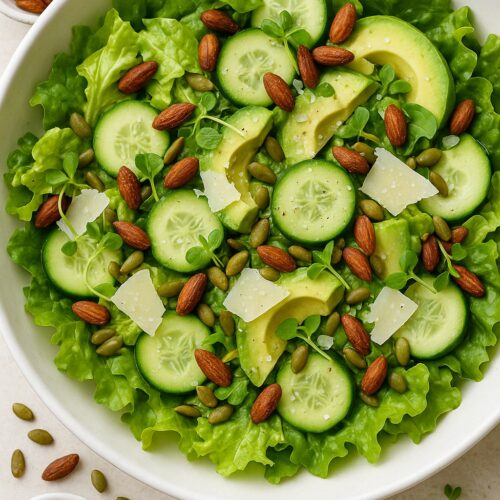 Close-up of a fresh green salad with soft lettuce, cucumber slices, avocado, Parmesan, microgreens, roasted tamari almonds, and pepitas in a white bowl, styled with scattered seeds and nuts for decoration.