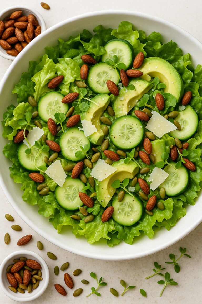Close-up of a fresh green salad with soft lettuce, cucumber slices, avocado, Parmesan, microgreens, roasted tamari almonds, and pepitas in a white bowl, styled with scattered seeds and nuts for decoration.