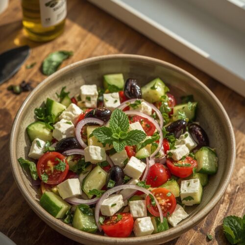 Authentic Greek salad with cucumber slices, halved cherry tomatoes, chopped green capsicum, feta cubes, thinly sliced red onion, Kalamata olives, and mint leaves, tossed in a vinaigrette dressing.