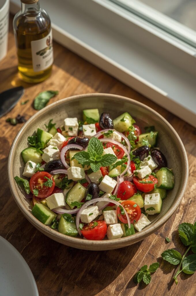 Authentic Greek salad with cucumber slices, halved cherry tomatoes, chopped green capsicum, feta cubes, thinly sliced red onion, Kalamata olives, and mint leaves, tossed in a vinaigrette dressing.