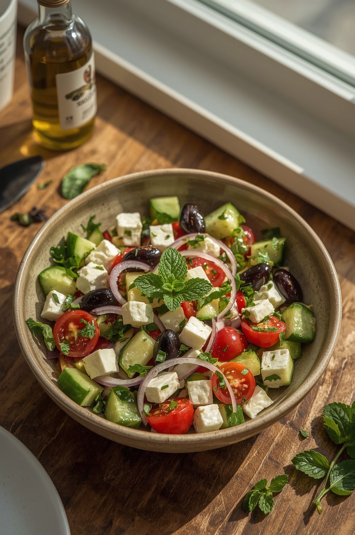 Authentic Greek salad with cucumber slices, halved cherry tomatoes, chopped green capsicum, feta cubes, thinly sliced red onion, Kalamata olives, and mint leaves, tossed in a vinaigrette dressing.