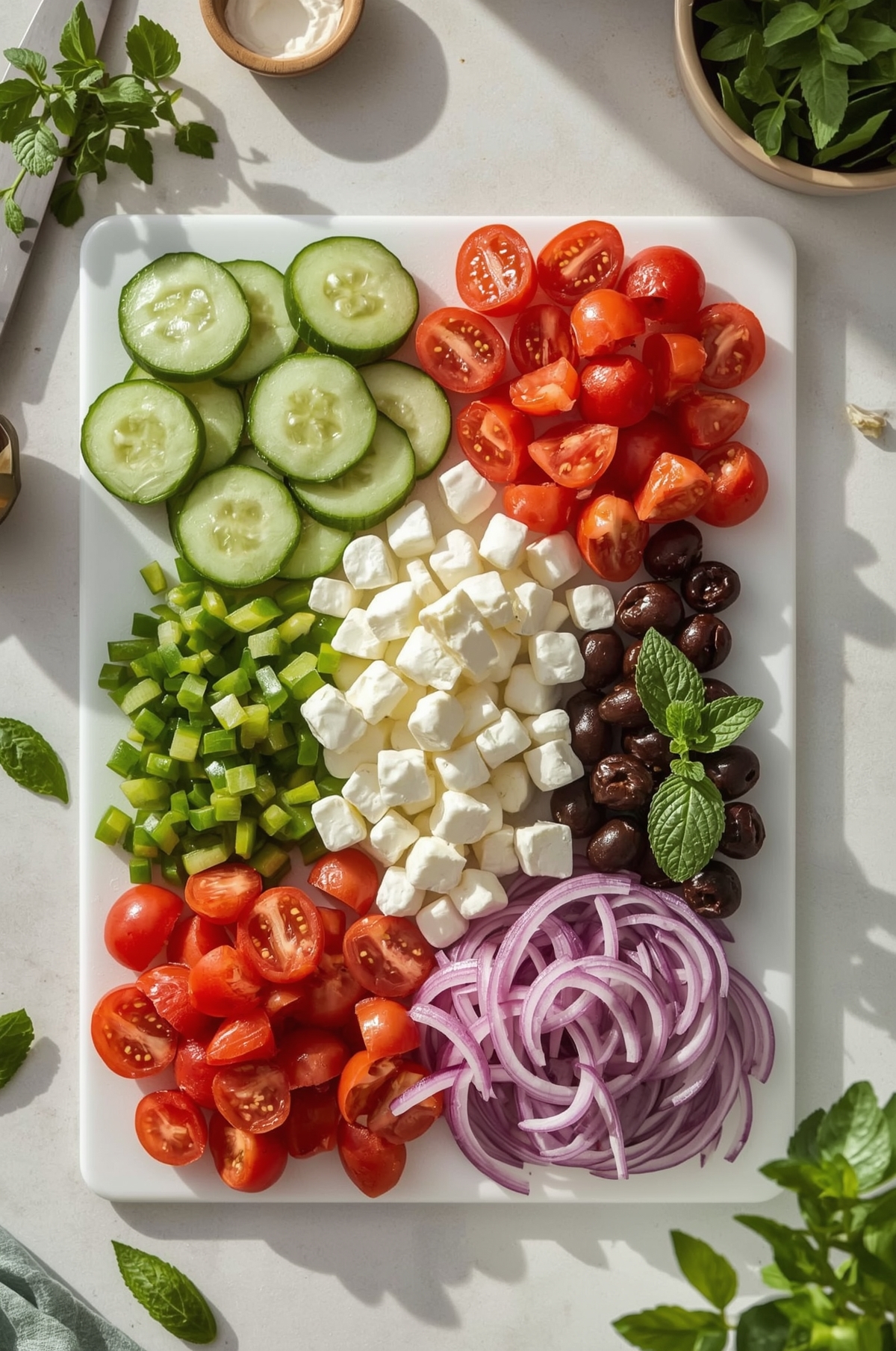 Alt text: Overhead view of a cutting board with sliced cucumber, chopped green bell pepper, halved cherry tomatoes, cubed feta, thinly sliced red onion, Kalamata olives, and fresh mint leaves, ready to make a salad.
