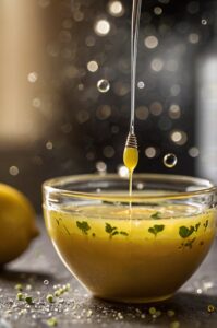 Close-up of a glass bowl with yellow citrus liquid, floating green herbs, and honey dripping from a dipper, with a blurred lemon and warm bokeh background.